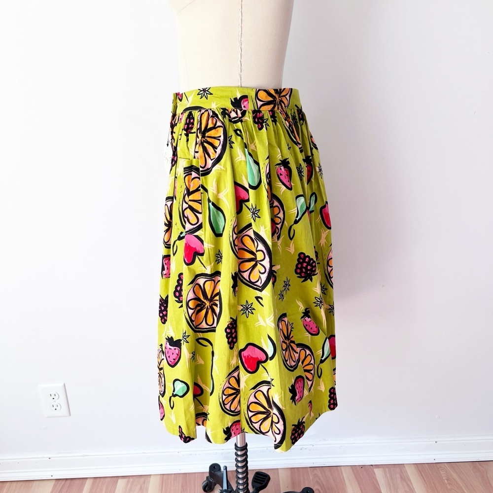 Lindy Bop Adalene Midi Skirt Green Fruit Print Button Front Pockets US 8 - Picture 3 of 7